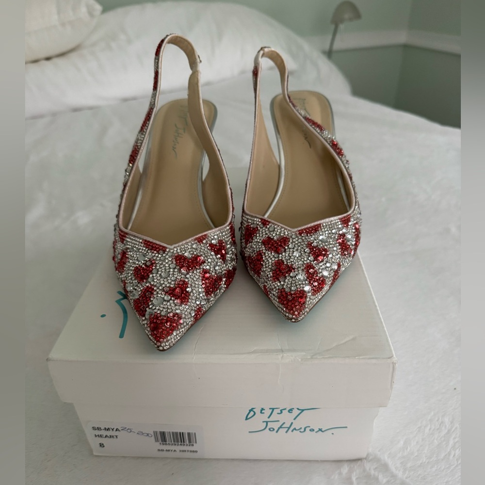 Betsey Johnson Red and Silver Crystal Heart Slingback Pumps